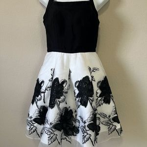 Beautiful party dress with a sleeveless black top and a full lace skirt